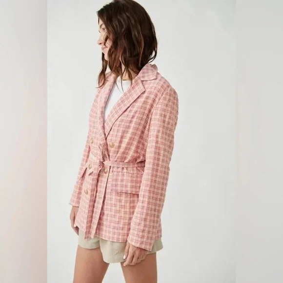 Free People Olivia Gingham Tie Waist Blazer Medium Oversized Preppy Boho Office - Picture 10 of 10